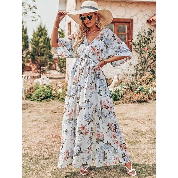 NEW White Floral 3/4 sleeve Maxi Dress L - Picture 3 of 5